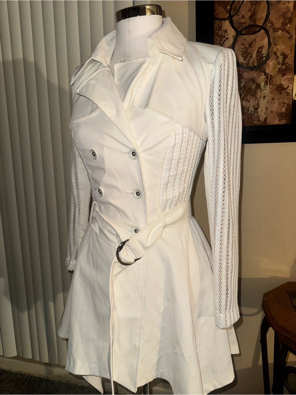 VTG 2000s Bebe White Lace-Sleeve Flare Trench Coat